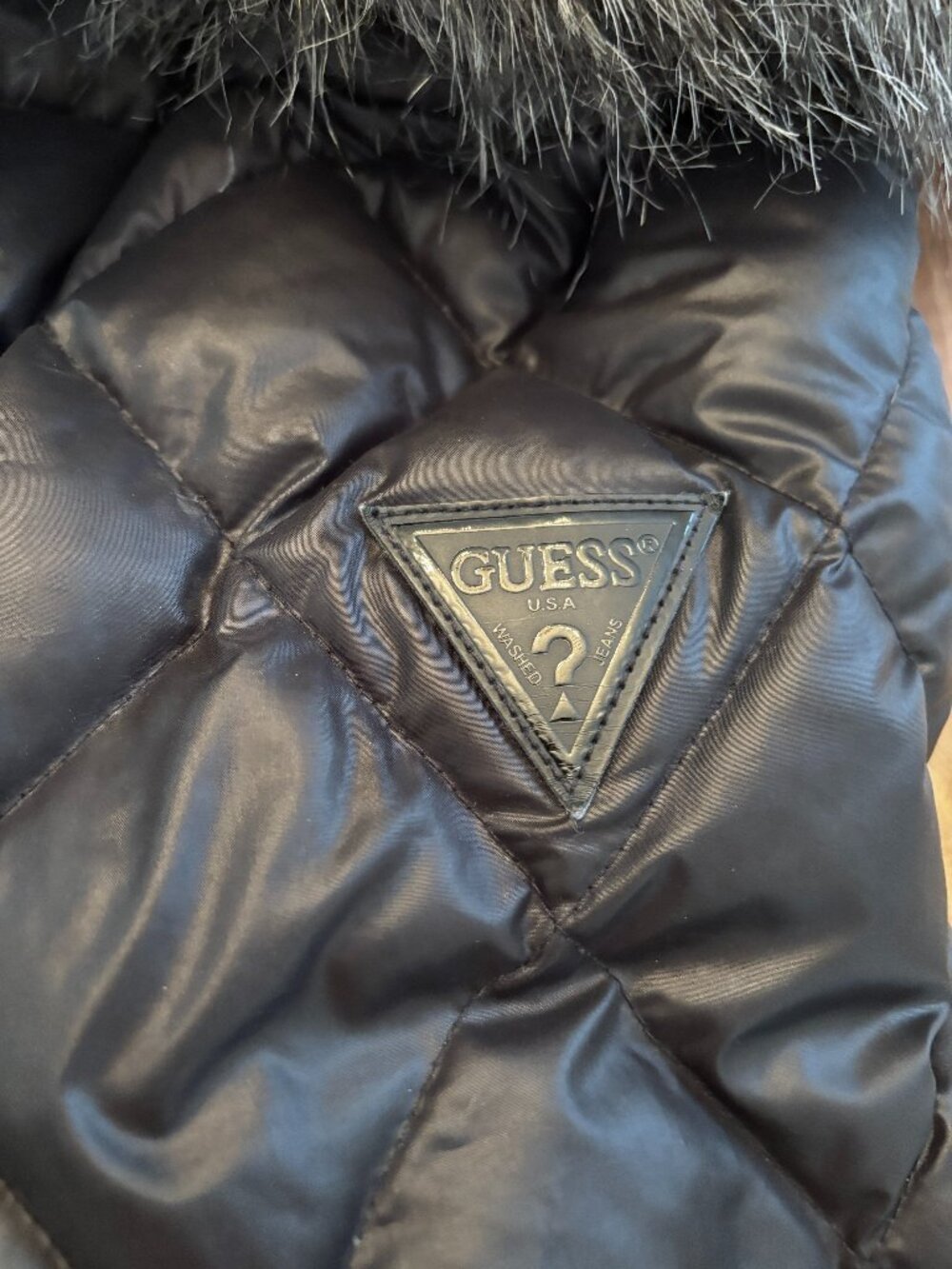 GUESS Women’s Black Down Puffer Coat Faux Fur Hood Quilted Long Jacket M Fit